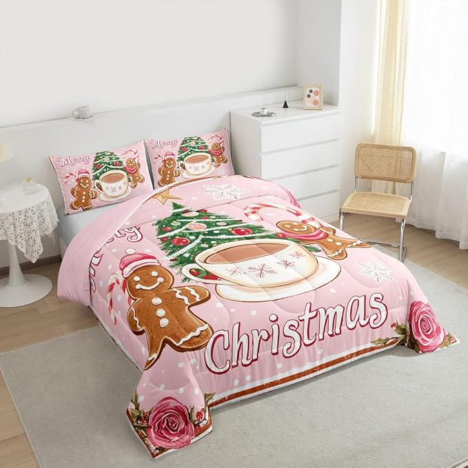 Feelyou Merry Christmas Comforter Set King Size Gingerbread Man Bedding Set for Kids Boys Girls Xmas Duvet Quilt Christmas Decor Bedroom Decor Microfiber 3 Pcs with 2 Pillow Cases