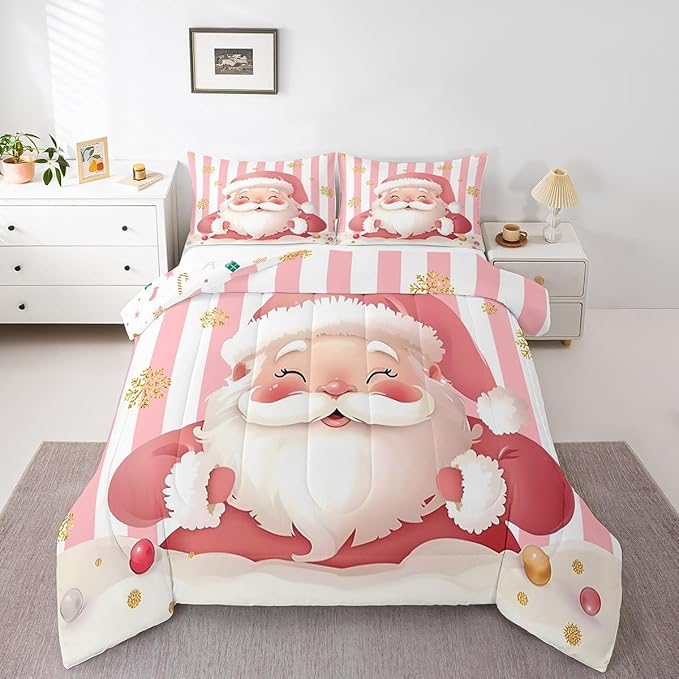 Feelyou Merry Christmas Decorations Full Size Comforter Set Santa Claus Bedding Set Pink Quilt Set Soft Warm Lightweight Duvet Set