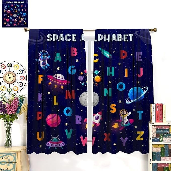Alphabet Curtains Kids Outer Space Cartoon Universe Planet Educational Learning Curtain with Rod Pocket for Bedroom Nursery Decor Drapes Window Treatments 2 Panels Set 63" W X 63" L