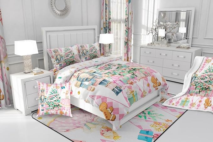 jejeloiu Christmas Nutcracker Comforter Set Full Size Gingerbread Man Bedding Set for Kids Boys Girls Xmas Tree Duvet Quilt White Pink Bedroom Decor