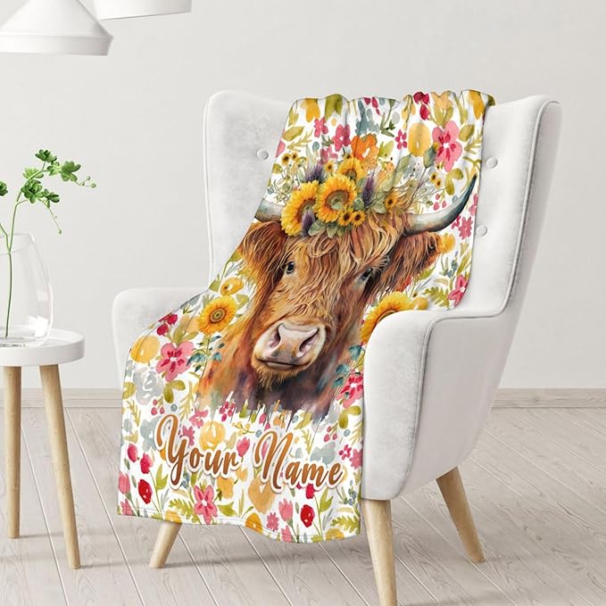 Custom Highland Cow Blanket Gifts with Name - 50x40 Inches Vintage Throw Blanket for Women, Girls - Colorful Soft Fuzzy Blankets for Sofa Couch - Gift for Mom Doughter Grandma