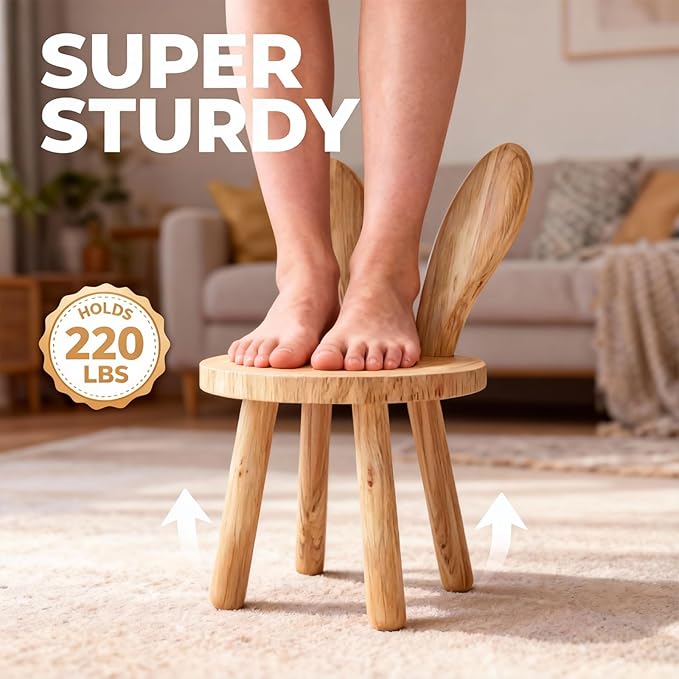 Solid Wood Rabbit Chair for Kids & Toddlers, Cute Bunny Wooden Chair for Playroom Bedroom, Sturdy Rubber Wood Stool, Easy Assembly - 1 Pack (Single Chair)