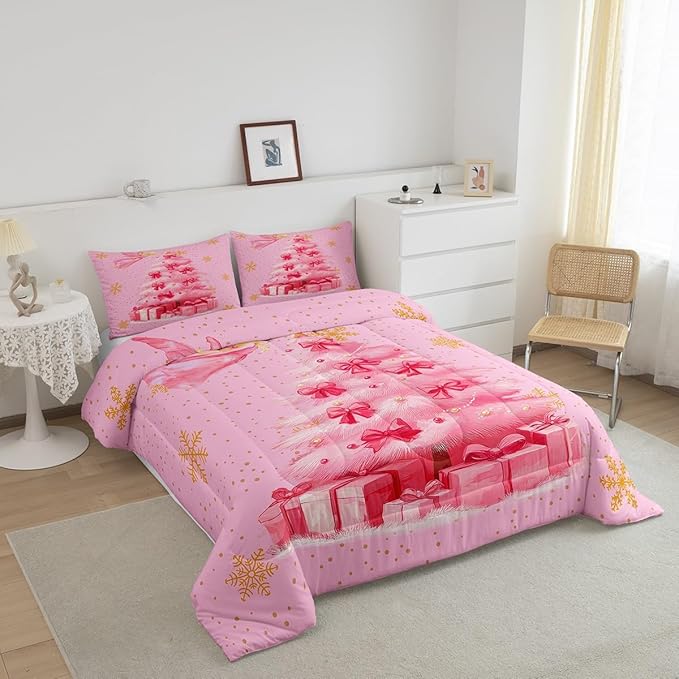 Erosebridal Xmas Tree Full Bedding Sets Merry Christmas Comforter Sets for Kids Boys Girls Teens Snowflake Decorations Down Comforter Princess Bow Pink Decor Duvet Insert