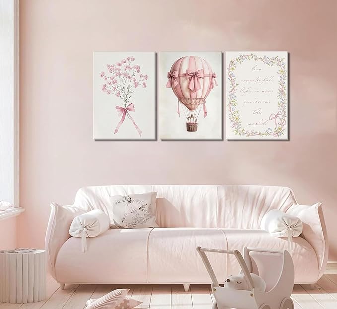 3Pcs Pink Nursery Canvas Wall Art Pictures Cute Baby Girls Room Posters Print Neutral Pink Bow Bouquet Hot Air Balloon Pastel Painting Wall Decor for Kids Room Little Girl Bedroom 12x16in Framed