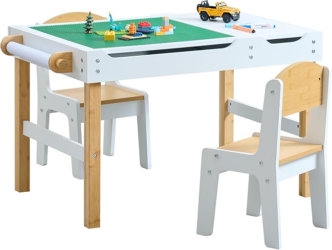 Kids Activity Table with Storage, 3 in 1 Kids Table Compatible with Lego Building Block for Boys Girls, Wooden Desk Reversible Tabletop for Toddler Arts,Drawing, Reading
