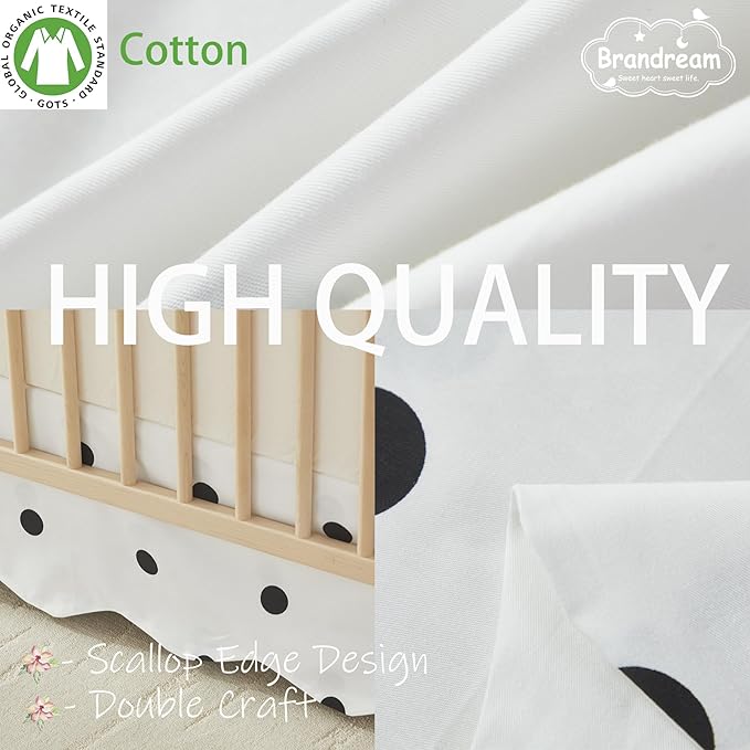 Brandream Scallop Edge Cotton Crib Skirt Toddler Bedskirt Baby Nursery Crib Bed Skirt Boho Bohemian Neutral Solid Color Cream Off White Farmhouse Chic Black Polka Dots Skirt