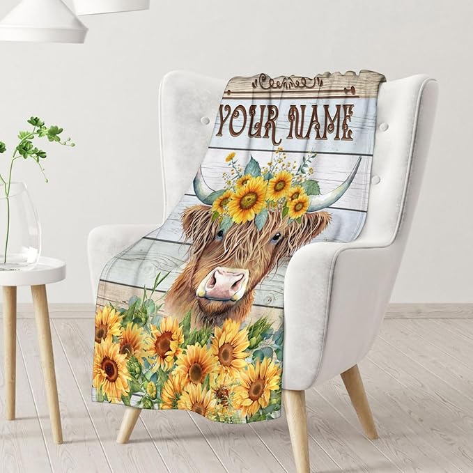 Personalized Blanket Gifts for Women Girls - 60x50 Inches Cute Highland Cow Throw Blanket for Kids Teens Adults - Yellow Soft Flannel Vintage Blankets for Bed Couch Travel
