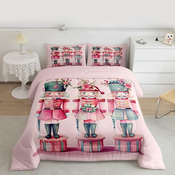 Feelyou Christmas Decor Nutcrackers Kids Comforter Set Queen Size Pink Christmas Bedding Set Funny Nutcracker Duvet Quilt for Kids Boys Girls Bedroom Berries Printed Decor Kawaii Soft Breathable