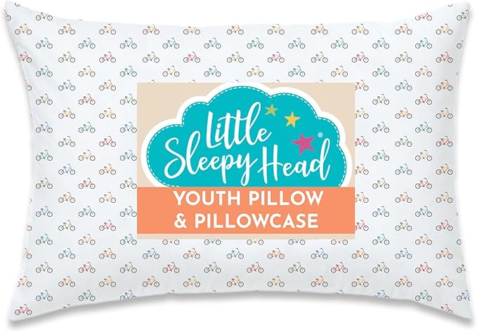 Little Sleepy Head Youth Pillow with Pillowcase 16x22, Soft Jumbo Toddler Pillows, Hypoallergenic Pillowcase - Best Kids Pillows for Sleeping, Perfect Kids Travel Pillow (Bicycles)