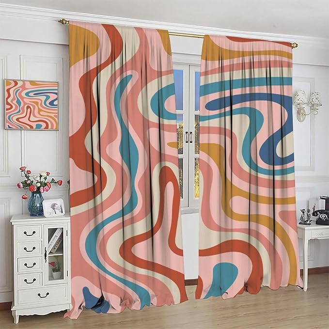 70S Abstract Wavy Swirl Curtain for Bedroom Windows,Retro Boho Minimal Teen Girls Kids Living Room Restroom Window Treatments Drapes 72" W X 63" L
