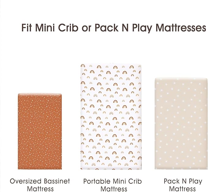 PHF 3 Pack Soft Mini Crib Sheets, Rainbow Silky Pack N Play Sheets for Baby Boys Girls, Universal Fit for Pack N Play, Playard, Portable and Mini Crib Mattresses, Rainbow