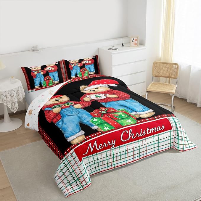 Feelyou Merry Christmas Bedding Set Soft for Boys Girls, Cute Bear Comforter Set Full Size Duvet Quilt Microfiber Winter Bedroom Decor 3 Pcs with 2 Pillow Cases