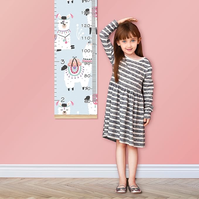 Personalized Kids Name Growth Chart Ruler for Wall Wood Frame Height Measure Chart 13.4x56 in Linen Hanging Height Growth Chart Funny Alpaca Llama Cacti Kids Room Decor