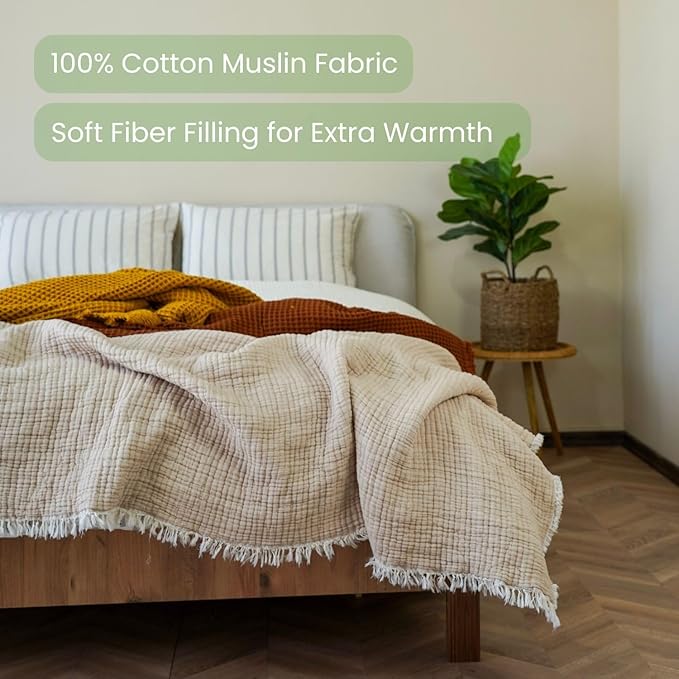 Cotton Muslin Blanket – Soft Muslin Comforter Quilt Made from Premium Muslin Fabric, Lightweight Breathable Cotton Quilt for All Seasons (Cream Beige, Queen (U.S. Standard))