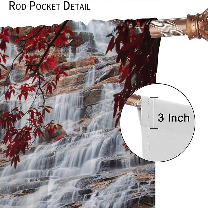 Waterfall Blackout Windows Curtains, Waterfall Red Forest Pattern Nature View Curtains, for Living Room Bedroom 63x72in 2 Panels