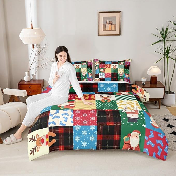 Feelyou Patchwork Christmas Bedding Set Soft for Boys Girls, Santa Claus Reindeer Comforter Set Queen Size Snowman Duvet Quilt Microfiber Snowflake Bedroom Decor 3 Pcs with 2 Pillow Cases