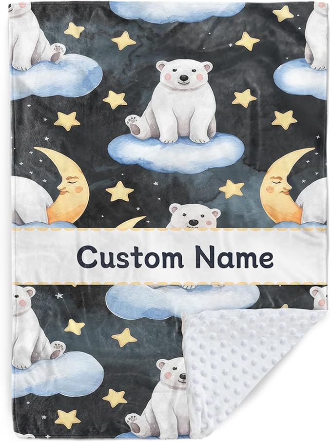 Custom Baby Blanket with Name, Double Layer Soft Dot Back Personalized Baby Blanket for Boys Girls, Polar Bear Blanket for Newborn Toddler, Customized Swaddle for Kids Birthday Gifts(47" x60)
