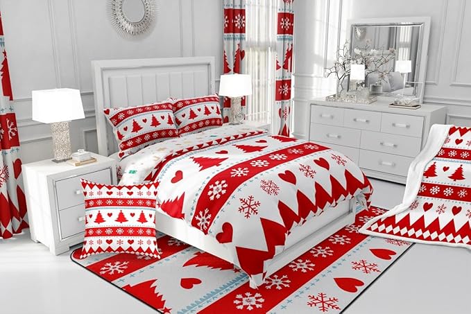 Feelyou Christmas Comforter Set Full Size Xmas Tree Bedding Set for Kids Boys Girls Snowflake Heart Duvet Quilt Geometric Bedroom Decor Microfiber 3 Pcs with 2 Pillow Cases