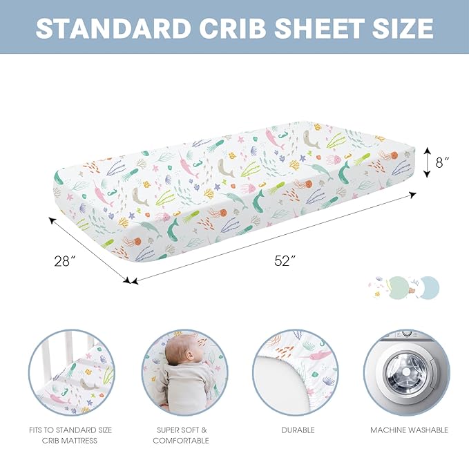 Little Grape Land Crib Sheets, 4-Pack Soft Microfiber Fitted Baby Sheets for Standard Crib and Toddler Mattress, 28x52x8inch, Secure & Breathable Bedding (Ocean World & Shell & Blue & Green)