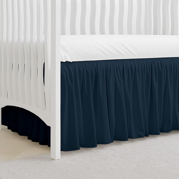 Crib Bed Skirt Dust Ruffle with Split Corners, 100% Cotton, Navy Blue Nursery Crib Skirt for Baby Boys or Girls, 28x52, 14" Drop, Toddler Bed Skirt, Baby Bedding, Crib Sheet Skirt, Soft & Breathable