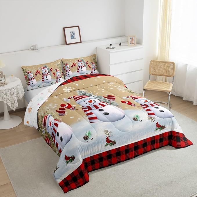 Cartoon Snowman Kids Christmas Comforter Set Queen Size,Pines Snowflake Rustic Bedding,Girls Boys Adults Bedroom/Xmas Cabin Decor,Grids Geometric Down Comforter,Farmhouse Duvet Insert,2 Pillowcases
