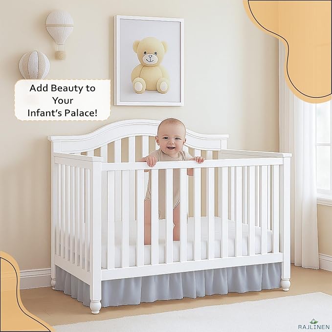 Rajlinen Ruffled Crib Bed Skirt, Microfiber, Dust Ruffle with Split Corners, 14" Drop, Nursery Toddler Bedding for Baby Boys or Girls, Light Grey