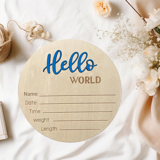 Baby Announcement Sign, 5.9 Inch Wooden Hello World Newborn Signs, Birth Announcement Sign, Baby Shower Hospital Nursery for Newborn Boys and Girls… (Blue)