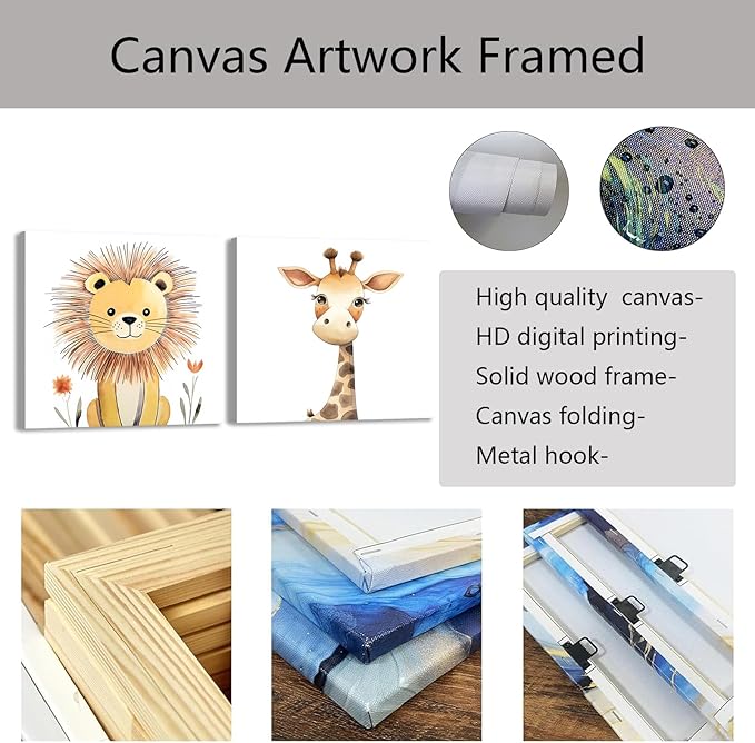 Baby Animal Framed Canvas Wall Art Set of 2 - Cute Baby Lion Giraffe Paintings Posters Woodland Animals Pictures Prints for Kids Room Bedroom Decor(Artwork-03, 24"x24"x2P)
