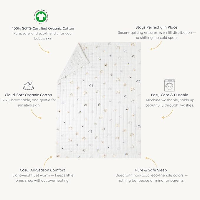 MakeMake Organics Organic Twin Comforter GOTS Certified Organic Kids Blanket Cotton Infill Tufted - Reversible Ultra Soft Breathable Boys Girls (68"x88", Dotty + Rainbow)