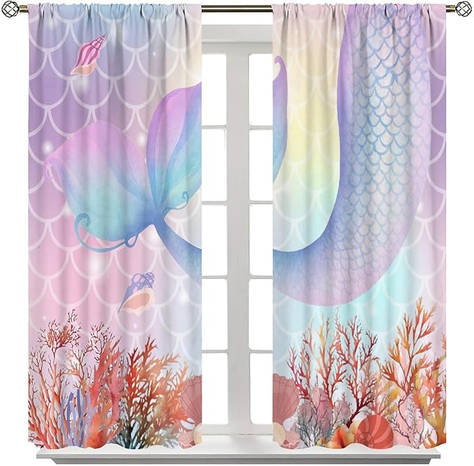 Dream Mermaid Curtains Colorful Mermaid Fish Tail Scale Fantasy Ocean Theme Beautiful Kids Window Treatment for Girls Bedroom Nursery Room Decor Rod Pocket Window Drapes 72x63in