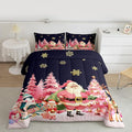 jejeloiu Merry Christmas Comforter Set Queen Size Santa Claus Bedding Set for Kids Boys Girls Cute Deer Duvet Quilt Dark Blue Bedroom Decor
