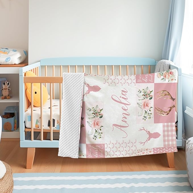 Personalized Baby Blanket with Name, Custom Pink Woodland Deer Blanket for Kids, Soft Flannel Bed Throw Blanket Swaddle for Newborn, Customizable Baby Gift & Nursery Blanket(30”x40)