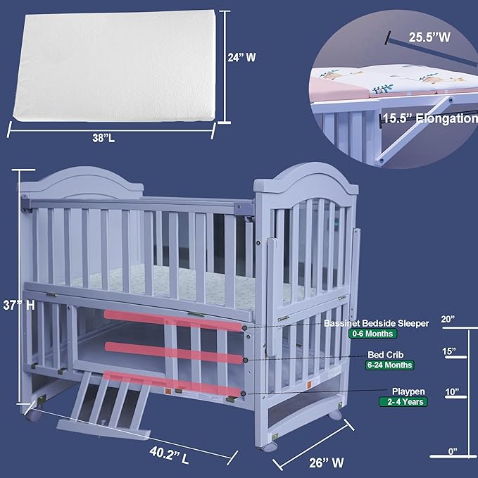 Portable Mini Baby Crib 4 in 1 with Memory Foam Mattress(38" by24) Included, Cunas para Bebes Convertible Crib with Foldable Storage Baby Playpen Bassinet Bedside Sleeper Bed (Gray)