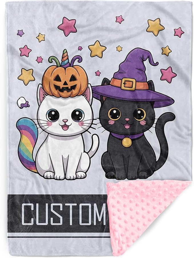 Personalized Halloween Blanket for Baby Girls, Custom Baby Blanket with Name, Cute Cat Pattern Soft Minky Dot Blanket, Halloween Decor Christmas Birthday Gifts for Kids Toddlers