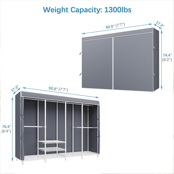 VIPEK V40C Plus Heavy Duty Clothes Rack with Upgraded Polyester Cover, Extra Large Covered Clothing Rack for Hanging Clothes Portable Wardrobe Closet White Closet Rack with Grey Cover, Max Load 1300lb