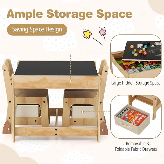 Costzon Kids Table and Chairs, 3 in 1 Wooden Activity Desk Set w/Double-Sided Tabletop, Storage Drawers and Reinforced Design for Drawing, Reading & Playing, Toddler Table and Chair Set (Beige)