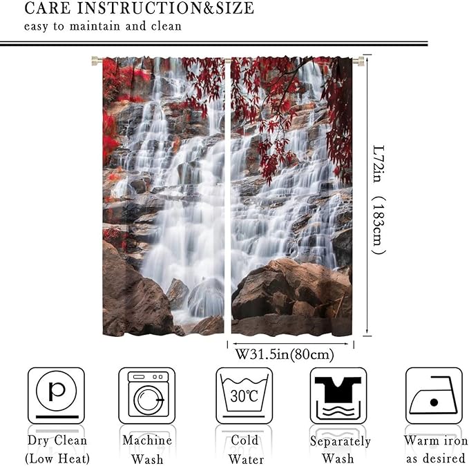 Waterfall Blackout Windows Curtains, Waterfall Red Forest Pattern Nature View Curtains, for Living Room Bedroom 63x72in 2 Panels