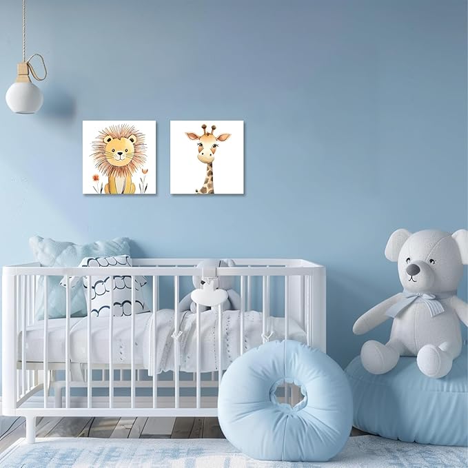 Baby Animal Framed Canvas Wall Art Set of 2 - Cute Baby Lion Giraffe Paintings Posters Woodland Animals Pictures Prints for Kids Room Bedroom Decor(Artwork-03, 12"x12"x2P)
