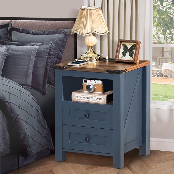 Farmhouse Living Room Sets, Night Stands Set of 2 and 6 Drawers Dresser for Bedroom, 54 Inch Wide Wood Dresser and 18.1" Night Stands with Charging Station for Bedroom, Living Room, Hallway