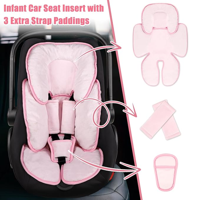 2 in 1 Infant Car Seat Insert Head and Body Support Set, Reversible Newborn Insert for Carseat with 3 Extra Strap Paddings, Soft Stroller Cushion Pillow Insert Girls, Fits for Stroller, Swing, Pink