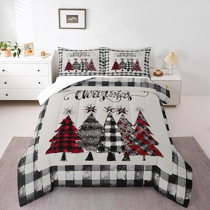 Christmas Trees Kids Comforter Set King Size,Geometric Grids Ink Tie-dye Bedding,Girls Boys Adults Bedroom/Xmas Cabin Decor,Rustic Vintage Down Comforter,Black Grey Retro Duvet Insert,2 Pillowcases