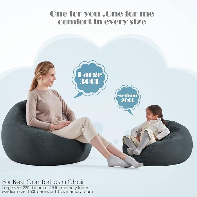 Nobildonna 3 ft Bean Bag Chair Cover (No Filler) 35"×43" Large Stuffed Animal Storage Bean Bag Washable Big Beanbag Chair Cover Premium Corduroy Bean Bag Cover for Adults,Kids,Dark Grey 300L