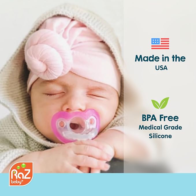 RaZbaby JollyPop Pacifier, Holder w/Detachable Baby Pacifier, Stuffed Animal RaZbuddy, All Ages 0M+, 100% Medical Grade USA Made Silicone, Machine Washable, Textured & Easy to Hold – Pig