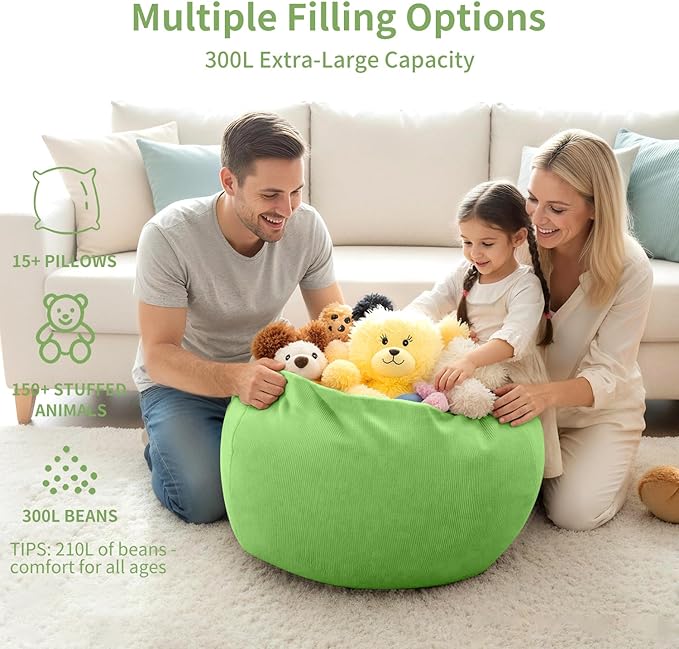 Nobildonna 3 ft Bean Bag Chair Cover (No Filler) 35"×43" Large Stuffed Animal Storage Bean Bag Washable Big Beanbag Chair Cover Premium Corduroy Bean Bag Cover for Adults,Kids,Fruit Green 300L