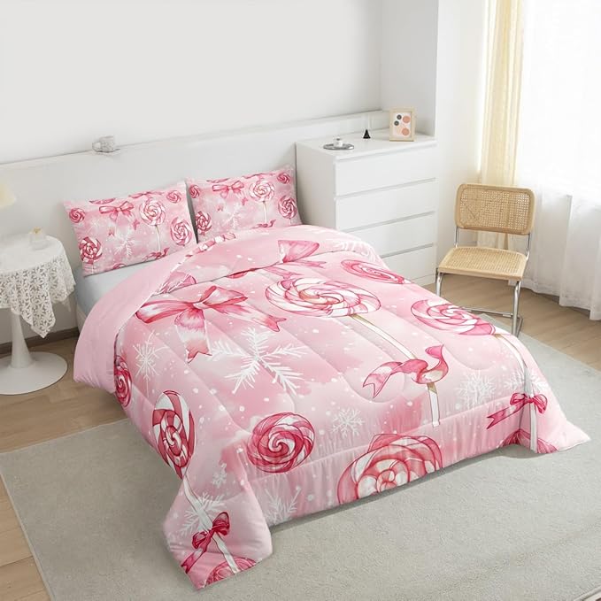 Feelyou Pink Bow Comforter Set Twin Size Pink Lollipops Bedding Set for Kids Boys Girls Watercolor-Style Duvet Quilt Xmas Snowflake Bedroom Decor Christmas Microfiber 2 Pcs with 1 Pillow Cases