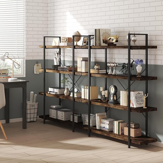 4 Tier Bookcase, 47 Inch Wide Wood Bookshelf, 120lbs Shelf Capacity, Rustic Open Shelving Industrial Display with Reinforced Horizontal Brown Shelves for Living Room Bedroom Office 2 Set