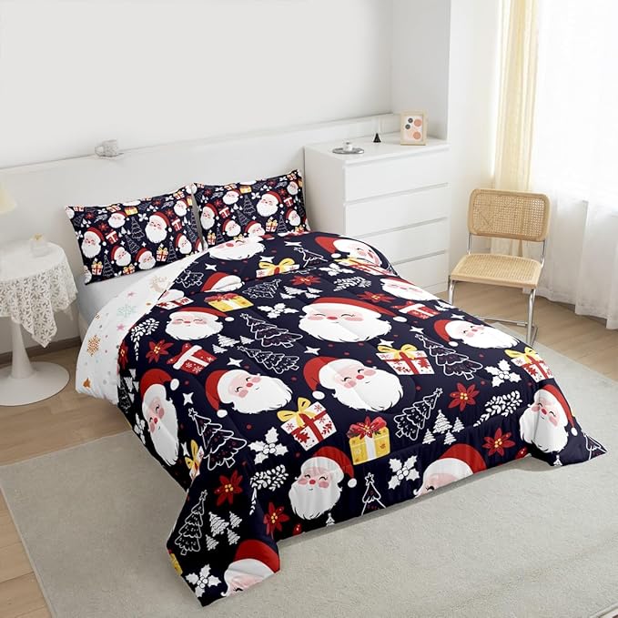 jejeloiu Santa Claus Comforter Set King Size Merry Christmas Bedding Set for Kids Boys Girls Xmas Themed Duvet Quilt Dark Blue Bedroom Decor