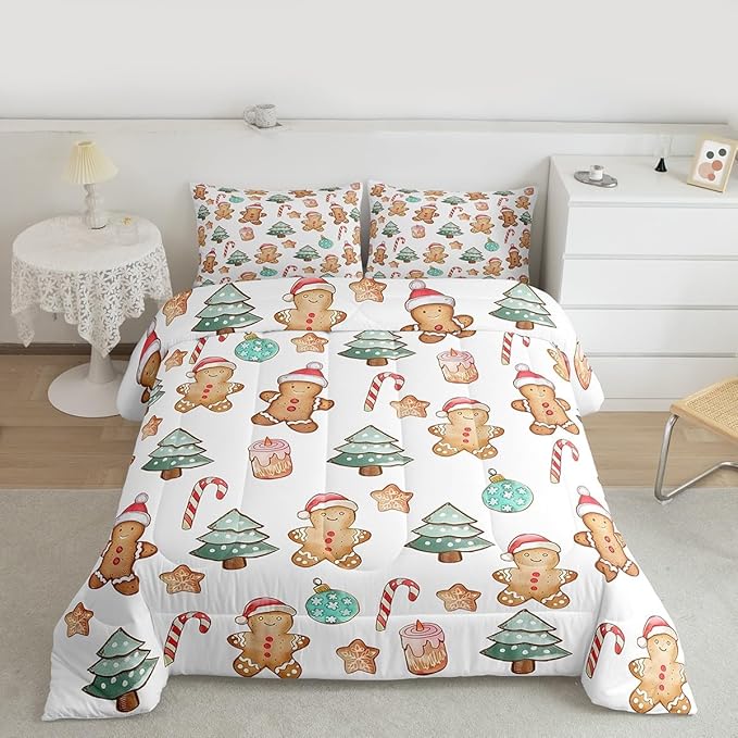 Feelyou Pink Gingerbread Comforter Set Queen Size Christmas Bedding Set for Kids Boys Girls Candy Cane Duvet Quilt Xmas Bedroom Decor Microfiber 3 Pcs with 2 Pillow Cases