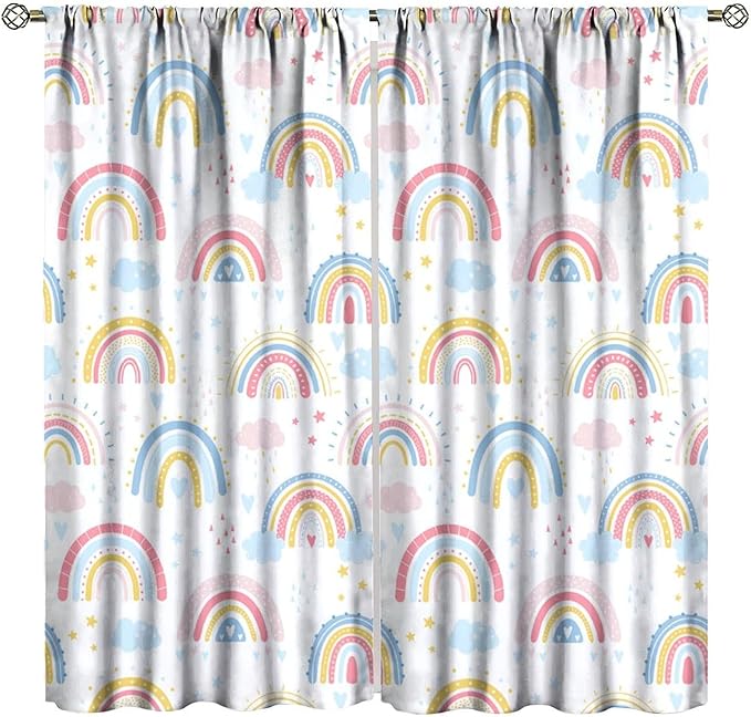 Kids Rainbow Curtains Boho Cartoon Colorful Stars Love Heart Lovely Abstract Art Pattern Print Window Drapes for Girl Bedroom Living Room Kitchen Decor,2 Panel Set,84Wx84H Inch Blackout