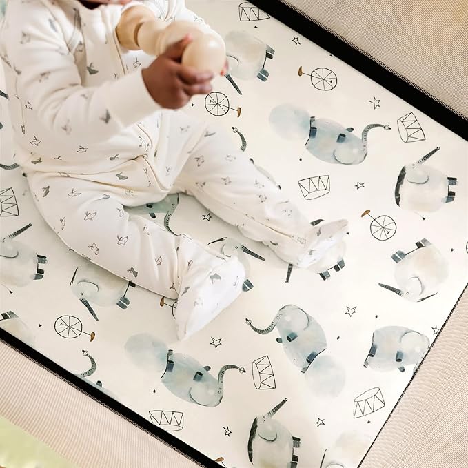 Pack n Play Sheets Fitted 2 Pack, Stretchy Ultra Soft Jersey Knit Pack and Play Sheets, Universal Fitted Portable/Mini Crib Mattresses Snug and Safe, Cute Elephant Print for Boys and Girls